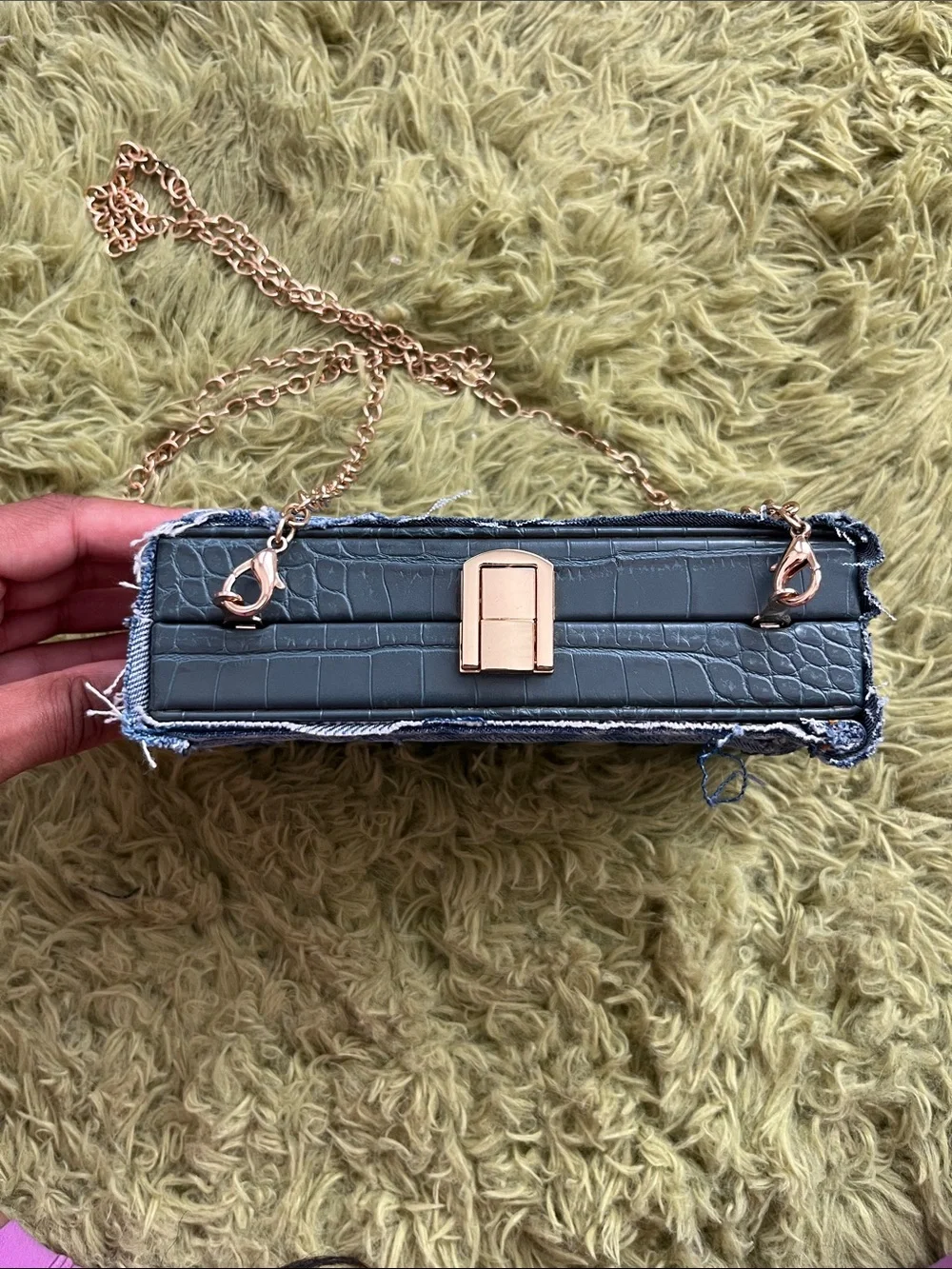 NEW Distressed Denim Clutch Bag with Gold Chain